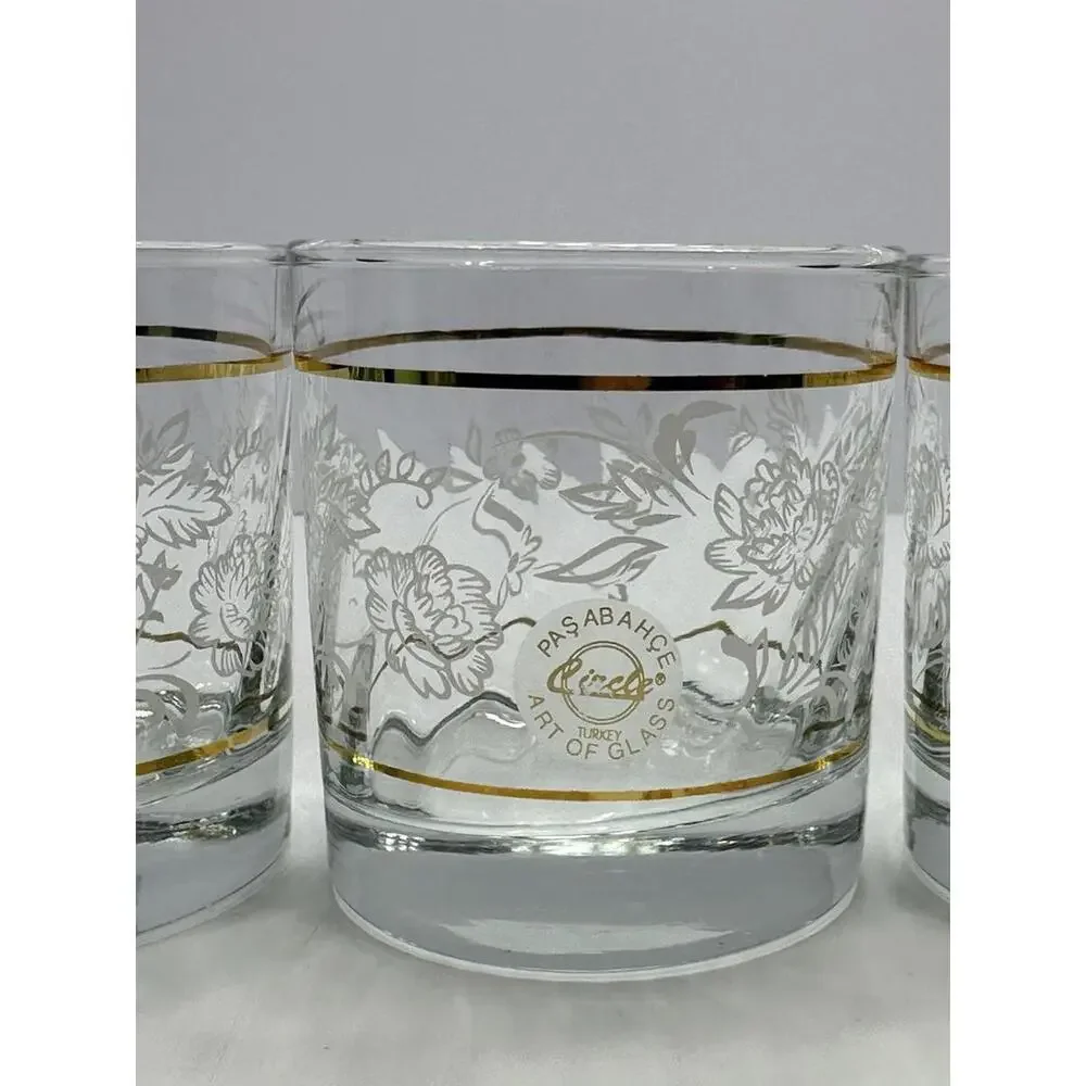 4 Pasabahce Circle Turkey‎ Art of Glass Double Old Fashioned Gold Rim Floral Set